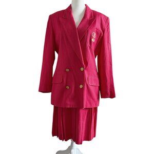 VTG Dior Suit Blazer Pleated Skirt Set Sz 8 Red 80s 90s Nautical Bow Office USA